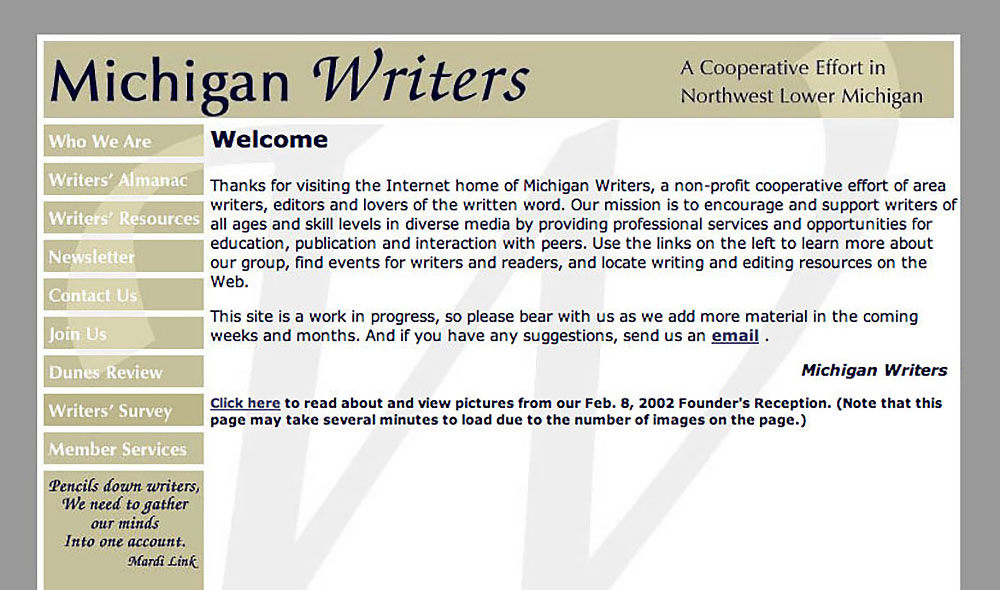 Michigan Writers website snapshot